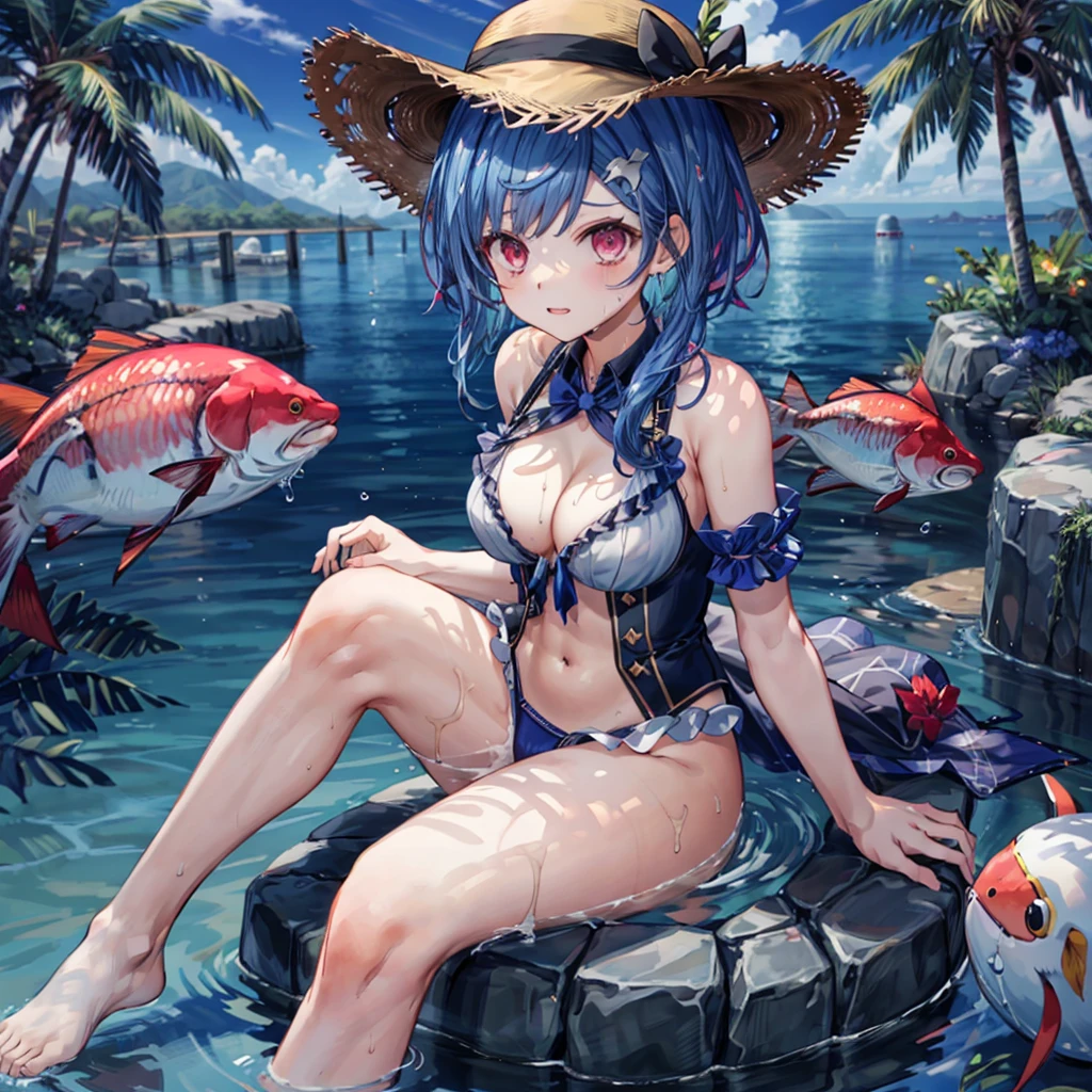 ((Highest quality)), ((masterpiece)), (detailed), (nsfw), the female anime character dressed in sexy clothing sits in the water and fishes, 1girl, swimsuit, breasts, 比基尼, 独奏, hat, straw hat, cleavage, navel, water, large breasts, looking at viewer, bangs, frills, frilled 比基尼, Virtual Youtuber, sitting, pink 比基尼, long hair large breasts, (wet), sweat,