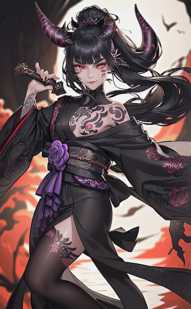 (photorealistic:1.3), masterpiece, best quality, (intricate details:1.2), (scenery:1.3), beautiful face, (black theme:1.3),
(((1girl, a girl in patterned kimono holding a dagger in her hand, (look at veiwer:1.3), (face tattoo:1.2), small oni horn,
))), full body, split in half