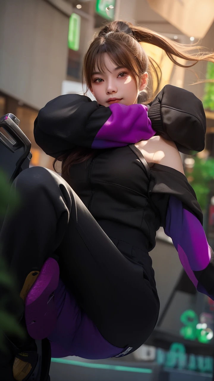 1girl, cute, 20 years old, seductive expression, look at viewer, sport top ,joger pants, photo, realistic, best quality, hires, detailed face, detailed background street mall, diffused lighting, depth of field, bokeh,large breasts, pose model,ponytail,