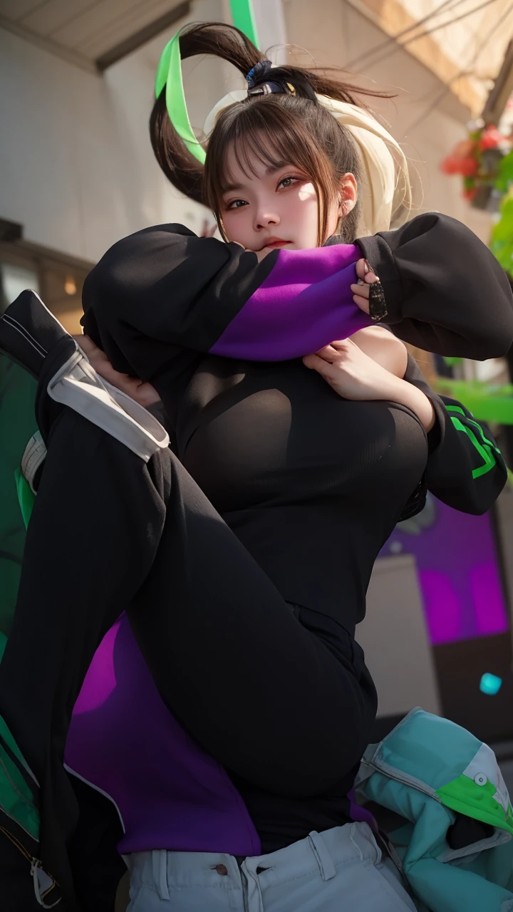 1girl, cute, 20 years old, seductive expression, look at viewer, sport top ,joger pants, photo, realistic, best quality, hires, detailed face, detailed background street mall, diffused lighting, depth of field, bokeh,large breasts, pose model,ponytail,