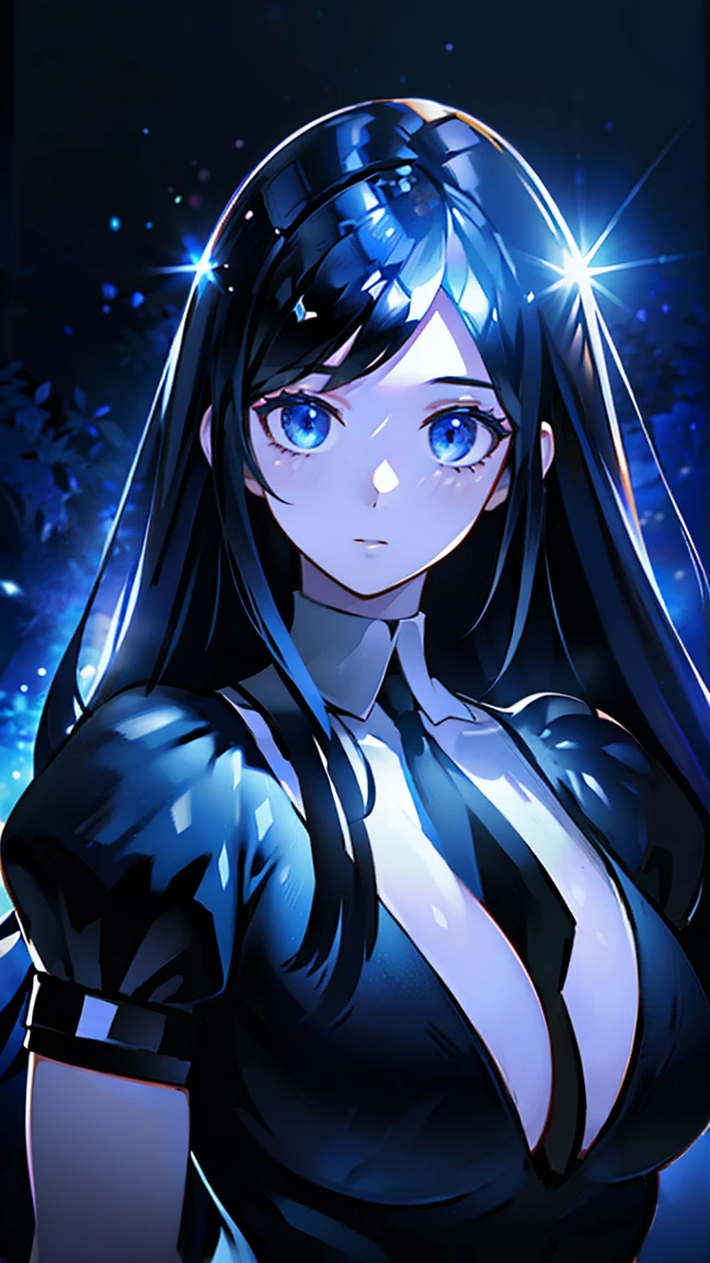 a beautiful long-haired girl with crystal-like hair, large breasts, powerful physique, shiny black hair, goddess-like, surrounded by blue lighting, (best quality,4k,8k,highres,masterpiece:1.2),ultra-detailed,(realistic,photorealistic,photo-realistic:1.37),portrait,fantasy,dramatic lighting,dramatic pose,volumetric lighting,cinematic lighting,chiaroscuro,dramatic atmosphere