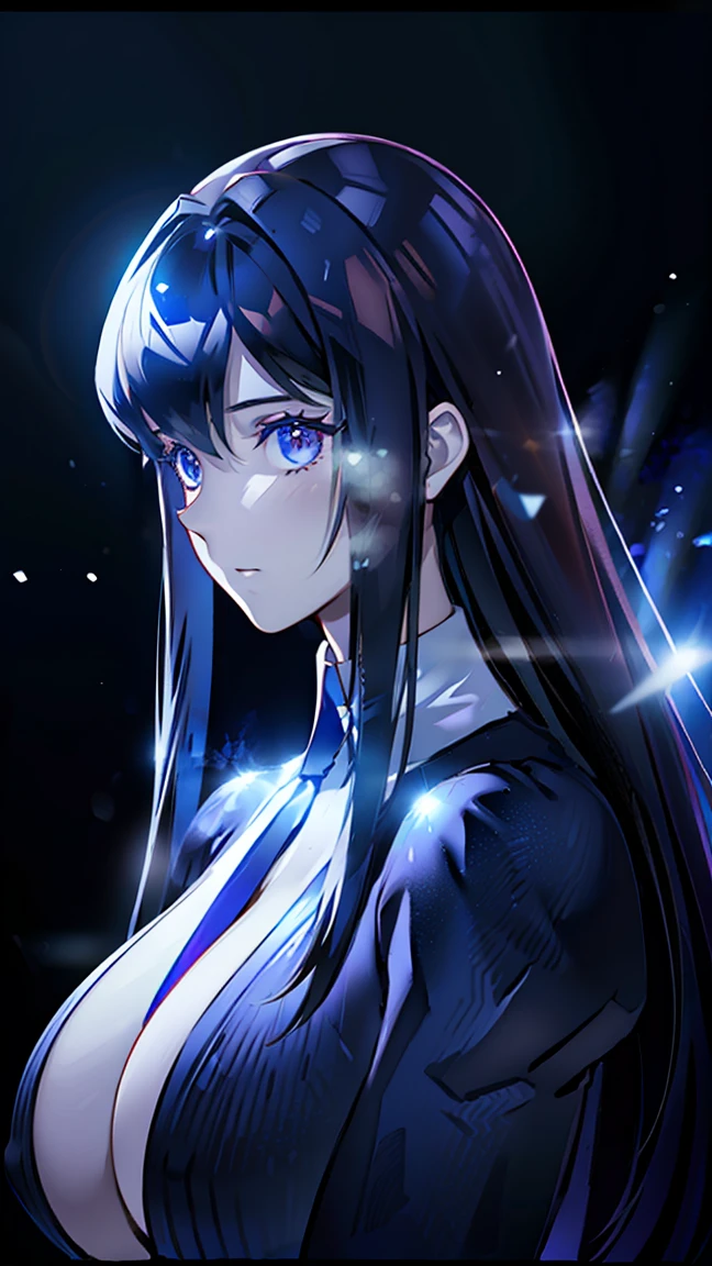 a beautiful long-haired girl with crystal-like hair, large breasts, powerful physique, shiny black hair, goddess-like, surrounded by blue lighting, (best quality,4k,8k,highres,masterpiece:1.2),ultra-detailed,(realistic,photorealistic,photo-realistic:1.37),portrait,fantasy,dramatic lighting,dramatic pose,volumetric lighting,cinematic lighting,chiaroscuro,dramatic atmosphere