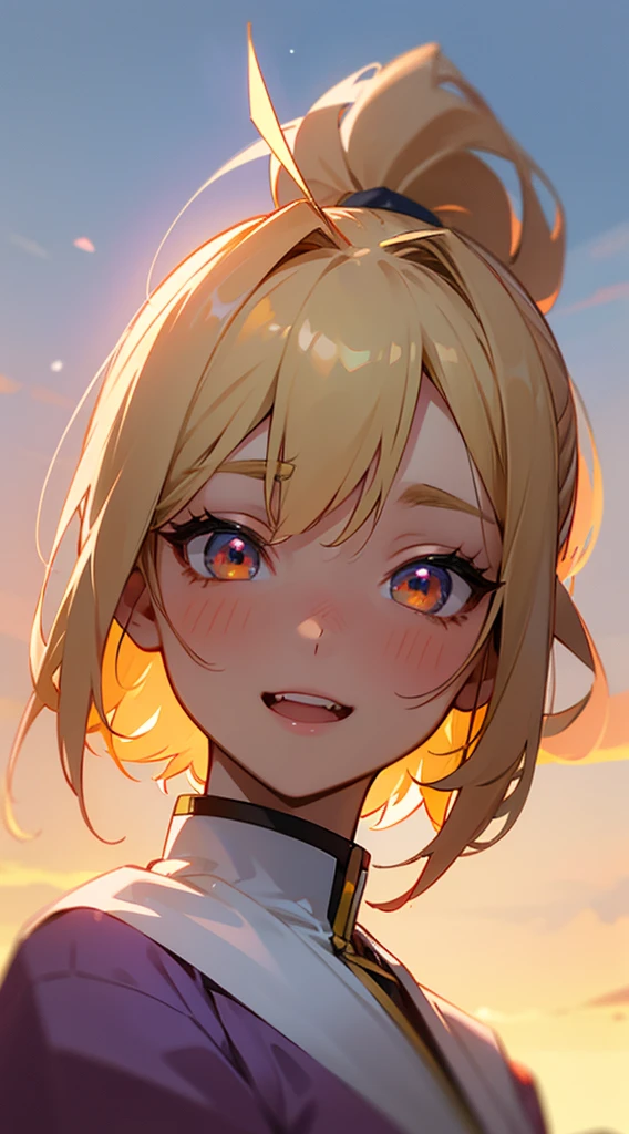 Tabletop、Highest quality、High resolution、Pixel perfect、Depth of written boundary、4K、One Girl、solo、Beautiful 17 year old anime girl、Blonde ponytail、Ahoge、Big round red eyes:1.4、Beautiful eyes drawn in detail、Perfect Eyes、Curled eyelashes、Realistic eyes、Detailed face、Blushing:1.2、Anime CG Style、smile、Open your mouth、Under the sunset sky