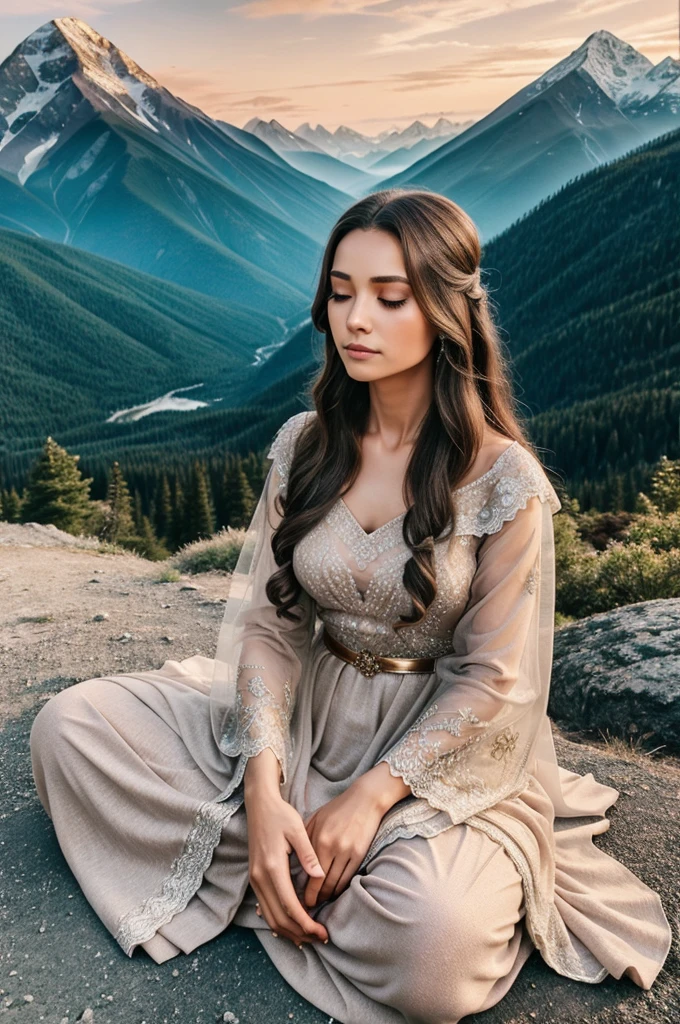 A semi realistic image of a mountain on which an old lady with long hair wearing gown with full sleeves is meditating 