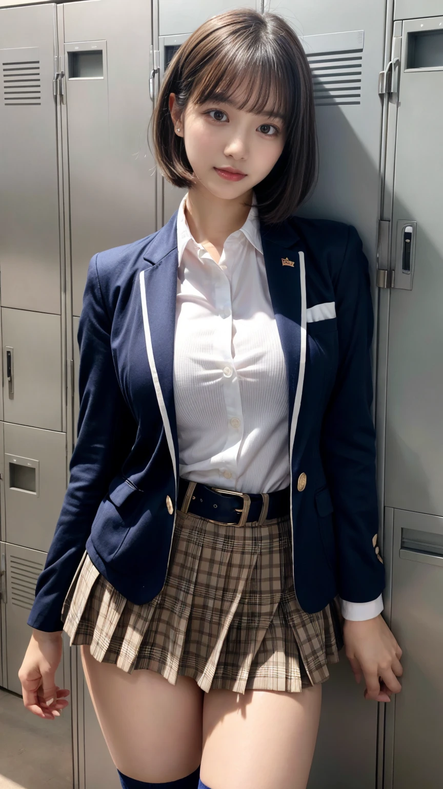 masterpiece, best quality, illustration, Super detailed, fine details, High resolution, 8K,wall paper, perfect dynamic composition,(Details High quality, realistic depiction of eyes:1.3),locker room、High school girl uniform、blazer 、Super Short Check Uniform Skirt、Navy blue high socks、garterbelts、Colossal tits、Disturbed uniform,  short bob hair, black hair color, huge breasts, Big Natural Color Lip, bold sexy pose, (perfect body shape), crying a little、Harajuku style、20 year old girl、 beautiful legs, hposing Gravure Idol, Voluptuous thighs