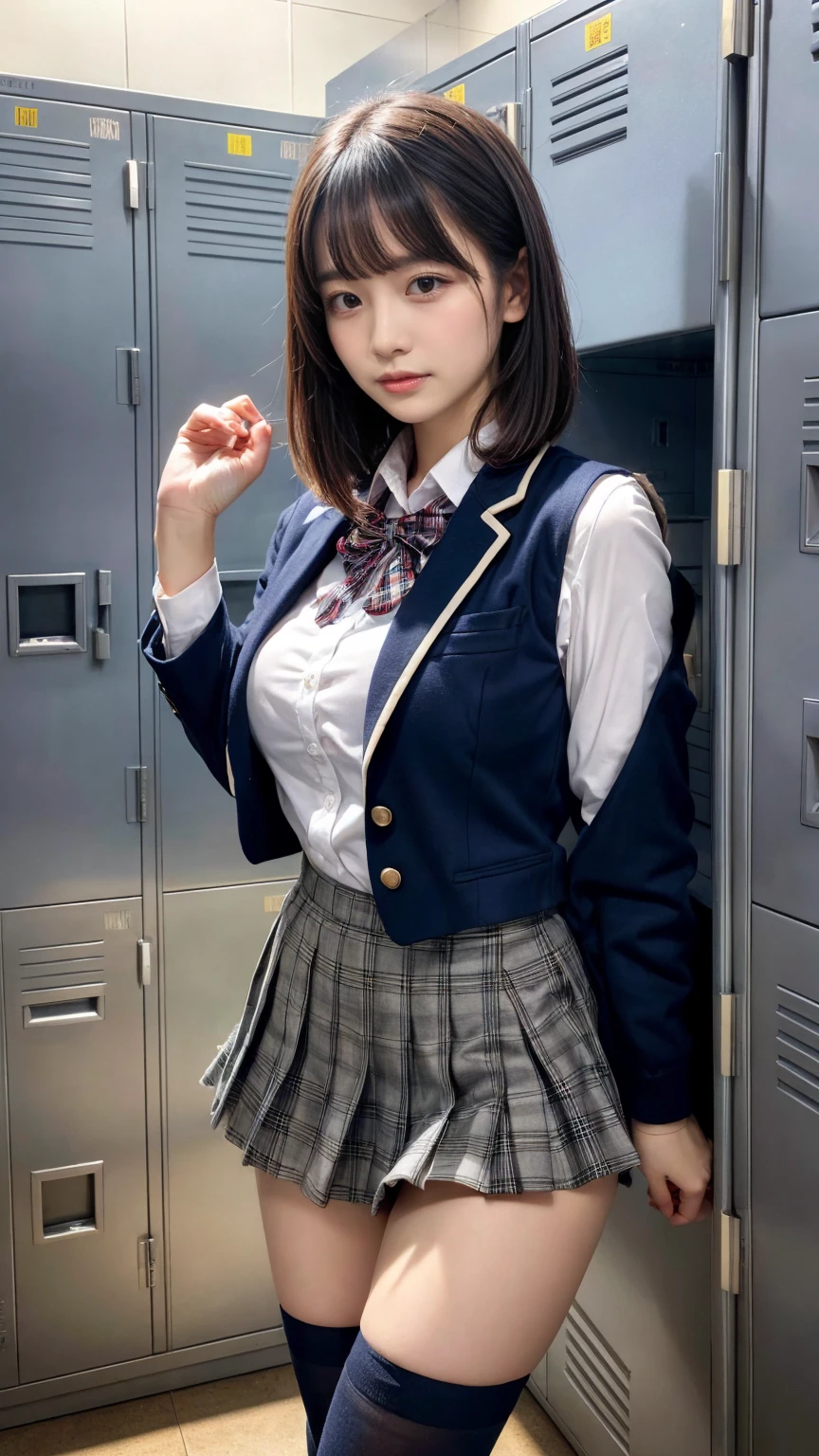 1girl, solo, looking at viewer, blush, short hair, open mouth, bangs, skirt, brown hair, shirt, thighhighs, long sleeves, bow, hair between eyes, brown eyes, , standing, jacket, white shirt, pleated skirt, striped, collared shirt, black thighhighs, indoors, miniskirt, bowtie, blue skirt, zettai ryouiki, book, plaid, dress shirt, blue bow, plaid skirt, arms behind back, blazer, spiked hair, brown jacket, striped bow, bookshelf, blue bowtie, striped bowtie