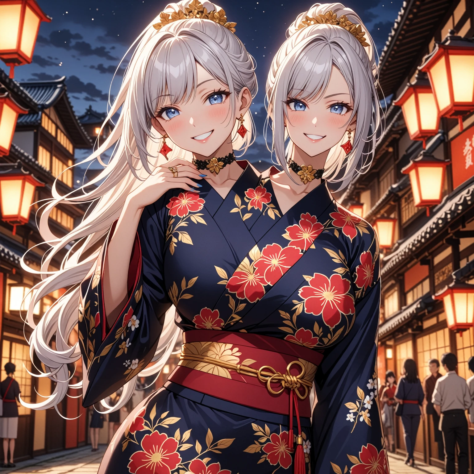 ((One personの女性)), Beautiful Face, (Laughing embarrassedly), ((smirk:1.2)), ((Wink:1.6)), (head tilt:1.3), upper teeth, looking at viewer, ((full-face brash:1.5)),  ((Big Breasts:1.3)), night,Countryside landscape,  Glossy Red Lips, (Shining Face),  ((Black long sleeve kimono:1.8)), ((Anime style background)),masterpiece, Highest quality, so beautiful,up to date, Complex details, (Pink long nails), (nail art), (ring),(bracelet),(Floral choker), AI-generated, Complex,High resolution, Highest quality, super high quality,3D Images、3D Images,One person,Long white hair,High Ponytail, Anime woman posing for a photo, ((silver eyes:1.3)), ((Fine grain、blue eyes、Shining Eyes:1.3)), (Squint your eyes:1.1),a hyperRealistic , hyperRealistic , Realistic,Anime woman with long white hair, Smooth anime CG art, (A woman in a colorful kimono with gold embroidery),(Red floral pattern),Long flower hair ornament,Earrings,Mature Body,Tall,Abdominal muscles,Tight waist, ((Zoom in on face:1.8)), (front view:1.3),