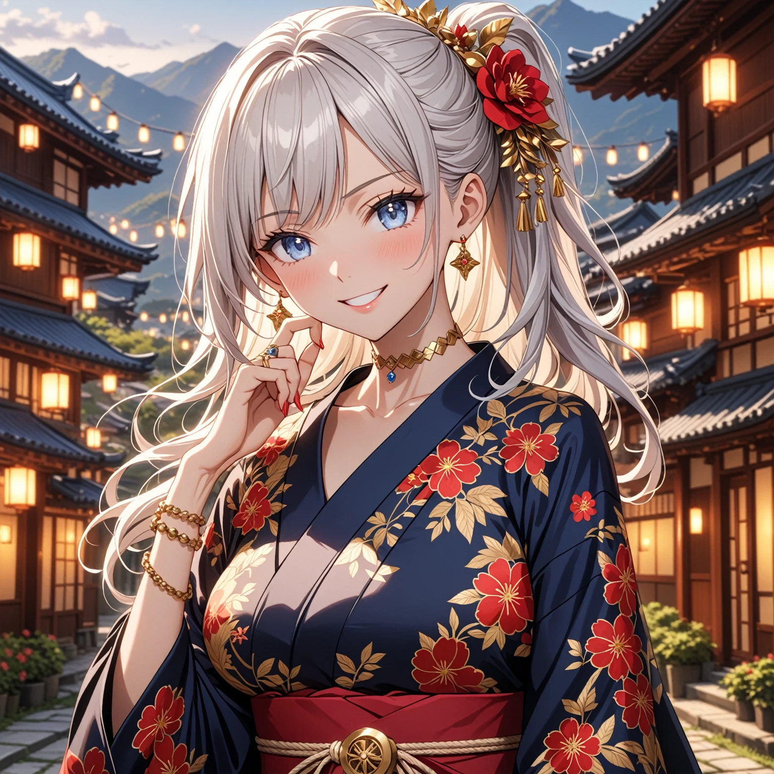((One personの女性)), Beautiful Face, (Laughing embarrassedly), ((smirk:1.2)), ((Wink:1.6)), (head tilt:1.3), upper teeth, looking at viewer, ((full-face brash:1.5)), ((Big Breasts:1.3)), night,Countryside landscape, Glossy Red Lips, (Shining Face), ((Black long sleeve kimono:1.8)), ((Anime style background)),masterpiece, Highest quality, so beautiful,up to date, Complex details, (Pink long nails), (nail art), (ring),(bracelet),(Floral choker), AI-generated, Complex,High resolution, Highest quality, super high quality,3D Images、3D Images,One person,Long white hair,High Ponytail, Anime woman posing for a photo, ((silver eyes:1.3)), ((Fine grain、blue eyes、Shining Eyes:1.3)), (Squint your eyes:1.1),a hyperRealistic , hyperRealistic , Realistic,Anime woman with long white hair, Smooth anime CG art, (A woman in a colorful kimono with gold embroidery),(Red floral pattern),Long flower hair ornament,Earrings,Mature Body,Tall,Abdominal muscles,Tight waist, ((Zoom in on face:1.8)), (front view:1.3),