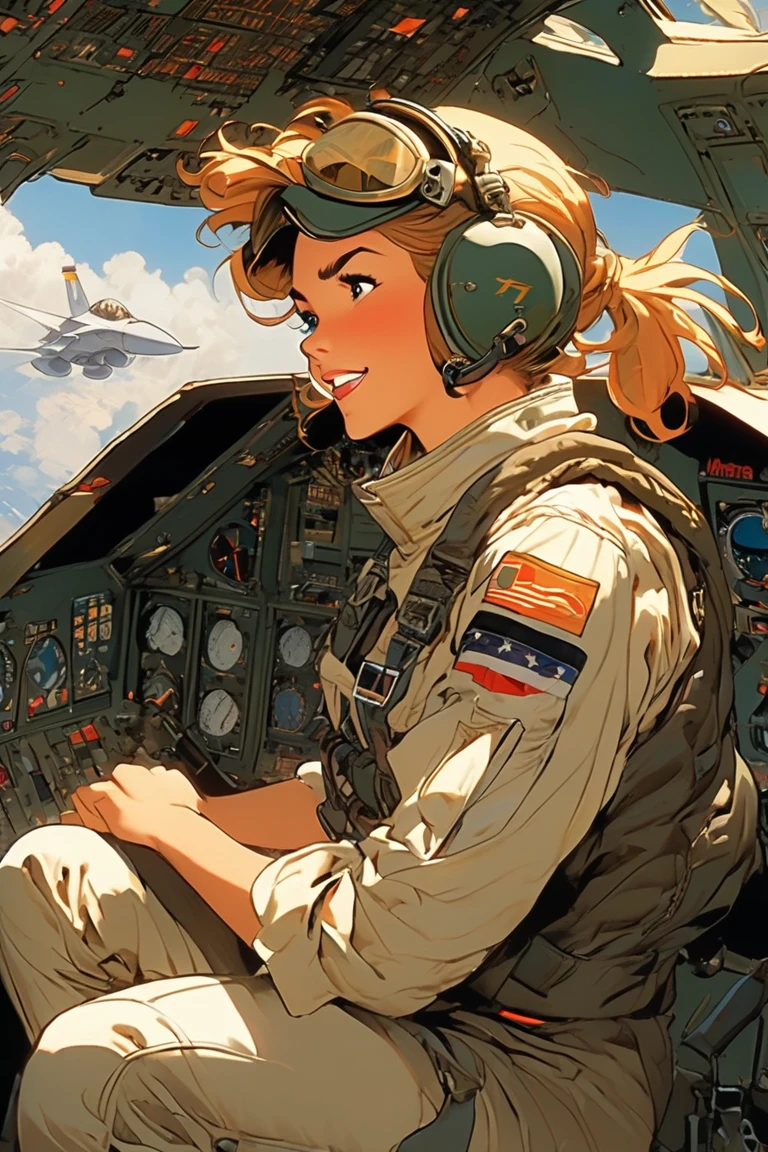 anime series, female pilot, laugh, surprise expression, Inside the cabin of the f18 plane, arte de todd mcfarlane, art by J.C. Leyendecker . animated style, Clave visual, Vibrant, Studio anime, whole body, sitting, driving taking lever, back view, 