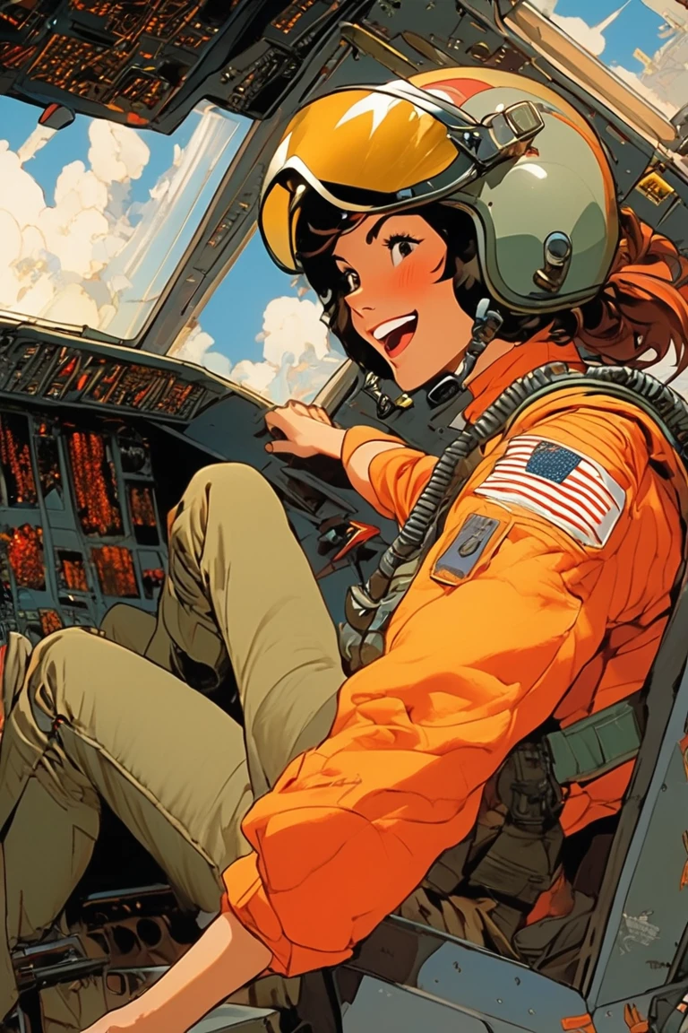 anime series, female pilot, laugh, surprise expression, Inside the cabin of the f18 plane, arte de todd mcfarlane, art by J.C. Leyendecker . animated style, Clave visual, Vibrant, Studio anime, whole body, sitting, driving taking lever, back view,