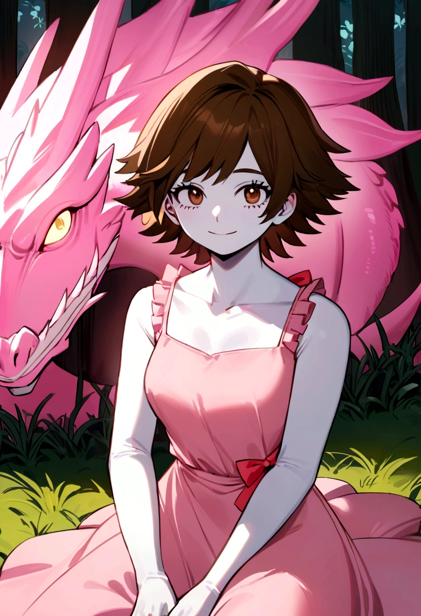 An 18 year old girl in the drawing style of My Hero Academia, brown hair, short pink dress, shoes with a small bow, short hair a layered cut your hair, smiling, White skin, sitting next to a giant pink dragon with a slight glowing pink aura on a forest grass