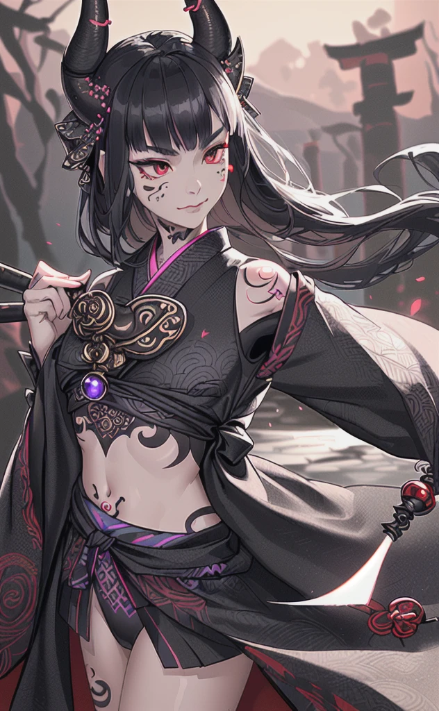 (photorealistic:1.3), masterpiece, best quality, (intricate details:1.2), (scenery:1.3), beautiful face, (black theme:1.3),
(((1girl, a girl in patterned kimono holding a dagger in her hand, (look at veiwer:1.3), (face tattoo:1.2), small oni horn,
))), full body, split in half