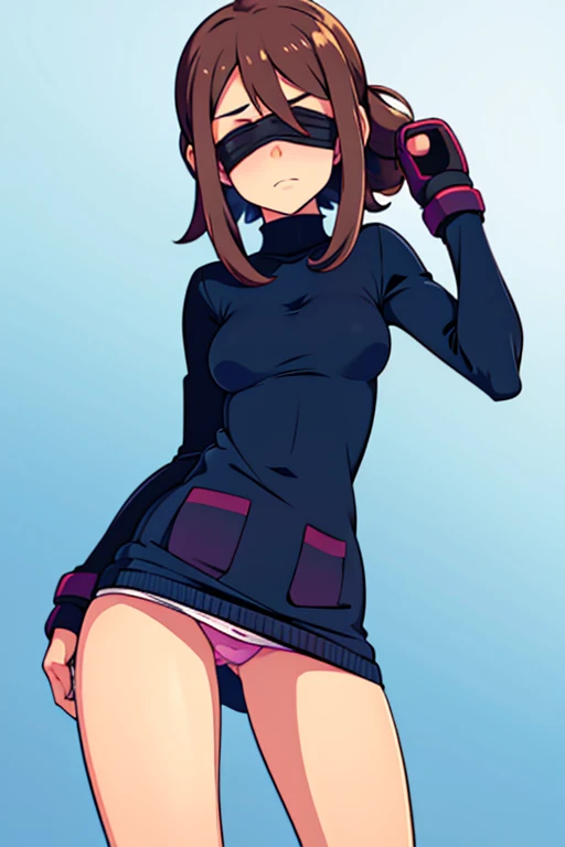 tennis girl in tight mini virgin killer sweater, panty, wearing oven mittens tucked in pockets, blindfold
