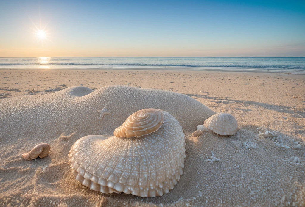 Big snail shells on the beach, white sand, beautiful sparkling sky