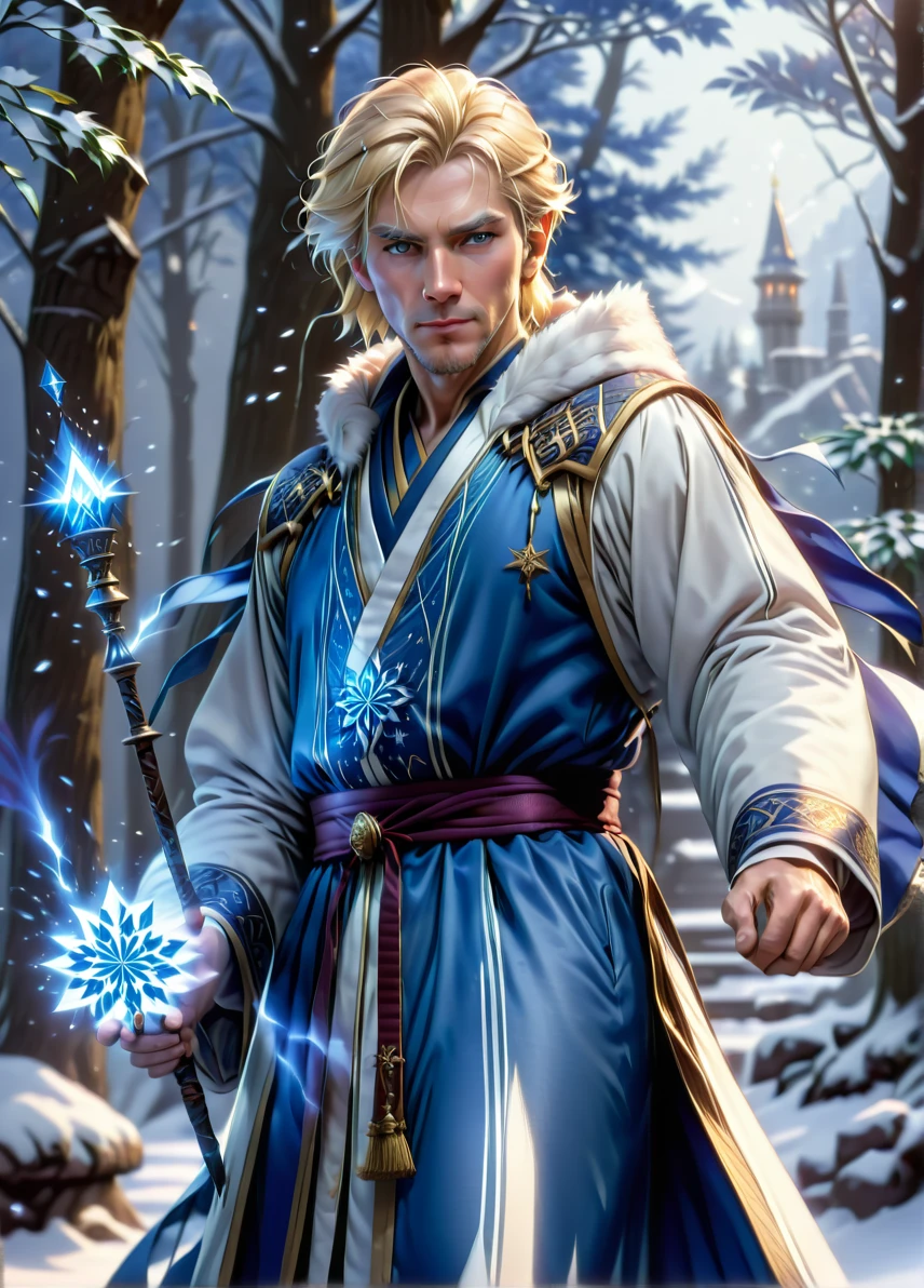 ice mage, (mature slim male: 1.5), (blonde hair: 1.1), (serious concentrated look: 1.5), skinny, snowflakes symbols and patterns, (white and blue robe: 1.5), snowy mountains and trees , holding an magic staff and book, full shot, ((looking at viewer:1.2), (from side:0.8)), athletic, volumetric lighting dynamic lighting, real shadows, vibrant contrasting colors, style of Stephen Hickman and Stan Manoukian, ultra realistic, masterpiece, high quality, highres, sharp focus, intricate, sharp details, highly detailed, rich color, 8K,