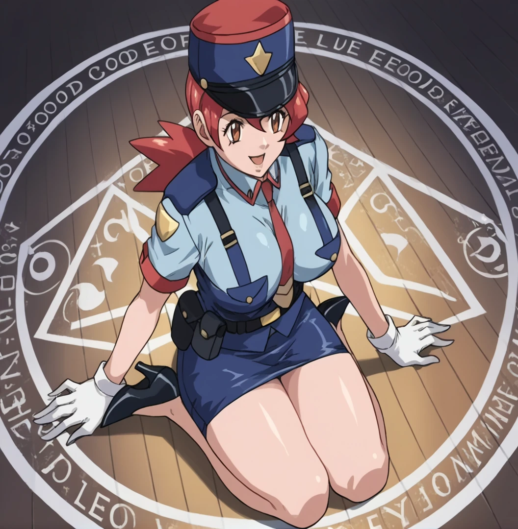 score_9, score_8_up,    jenny (pokemon), police uniform, belt, pencil skirt, white gloves, high heels .     source_anime  Bibl3  .  in office      . wearing  ,   good eyes.  detailed .     .   huge breast     .    .   on knees. magic circle .  female expressionless . smile . open mouth . blank eyes . viewed from above