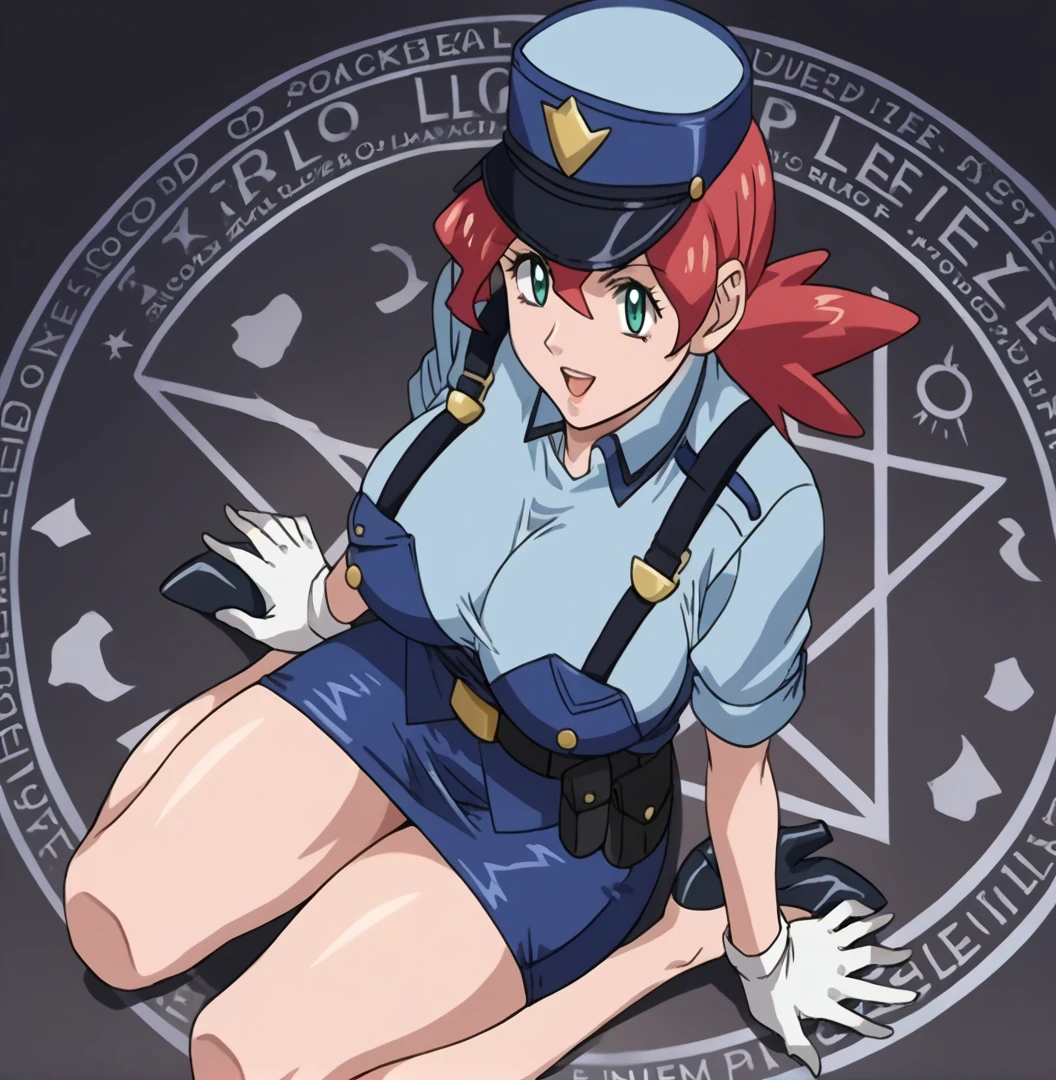 score_9, score_8_up,    jenny (pokemon), police uniform, belt, pencil skirt, white gloves, high heels .     source_anime  Bibl3  .  in office      . wearing  ,   good eyes.  detailed .     .   huge breast     .    .   on knees. magic circle .  female expressionless . smile . open mouth . blank eyes . viewed from above