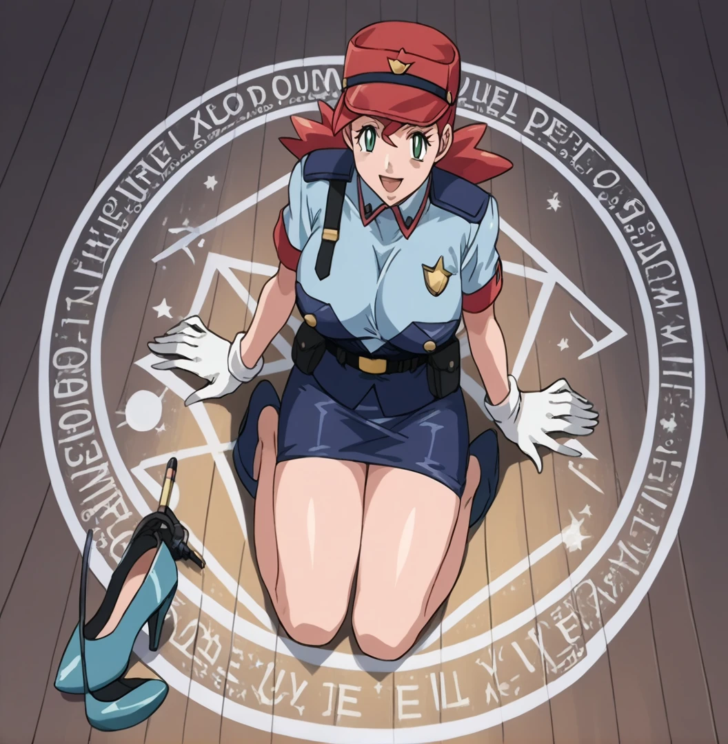 score_9, score_8_up,    jenny (pokemon), police uniform, belt, pencil skirt, white gloves, high heels .     source_anime  Bibl3  .  in office      . wearing  ,   good eyes.  detailed .     .   huge breast     .    .   on knees. magic circle .  female expressionless . smile . open mouth . blank eyes . viewed from above