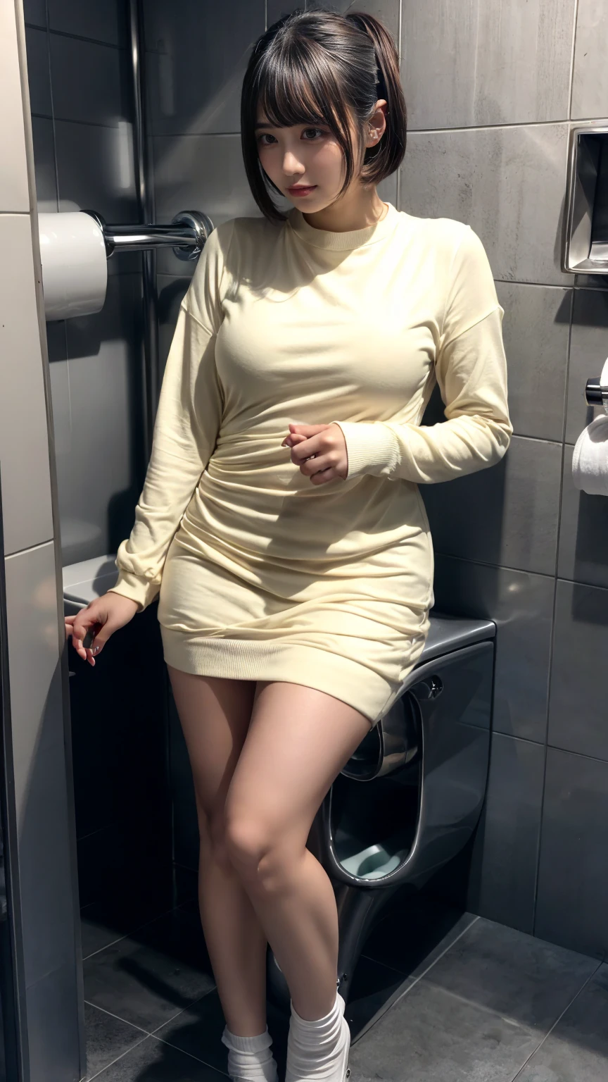(8K, RAW Photos, Highest quality, masterpiece:1.2), (professional photography, full colors, studio-caliber color grading), (Gravure quality for high-end fashion magazines), BREAK,18 year old girl, short bob hair, crying a little, Harajuku style, Big Natural Color Lip, (Plumpy body:1 (smooth skin:1.1 huge breasts, BREAK white long sleeve dress, BREAK (Toilet cubicles:1 (urinal)