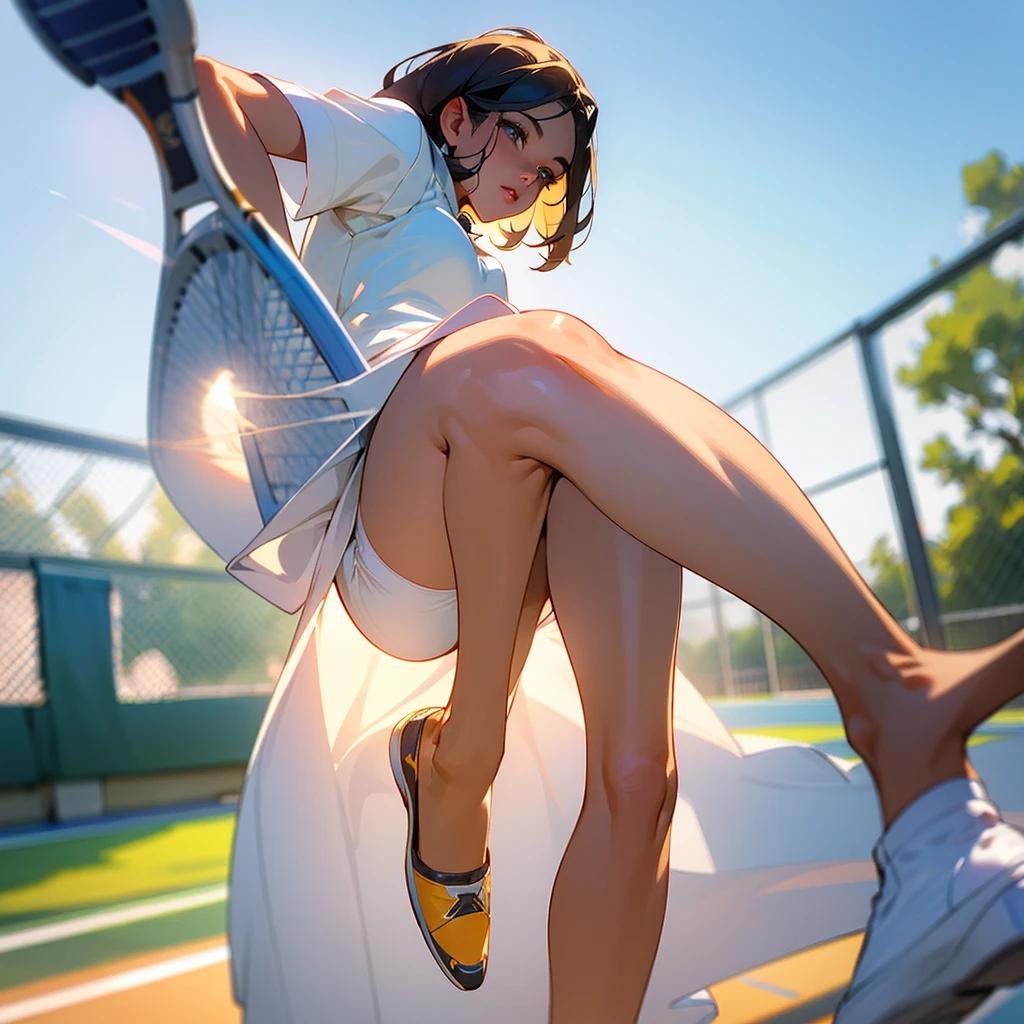 a tennis girl lifting her skirt,white panties, beautiful detailed eyes, beautiful detailed lips, extremely detailed face and skin, perfect body, long legs, graceful pose, sunlight, outdoor tennis court, soft lighting, warm colors, photorealistic, 8k, high quality, professional photography, detailed description