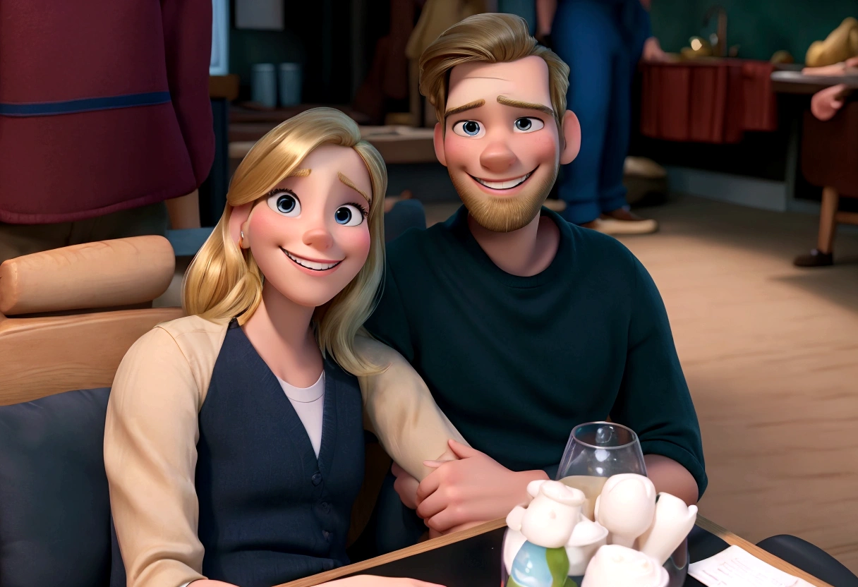 High quality artwork maximum quality best quality Disney pixar style couple smiling blonde woman and man with thin beard smiling