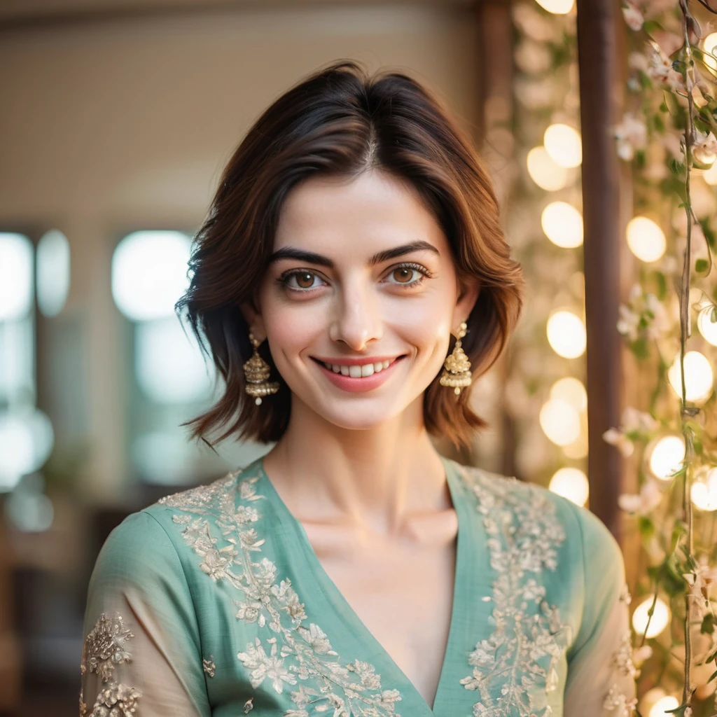 A captivating Indian woman with a radiant complexion and effortless smile, her undercut hair framing her heart-shaped face as she gazes directly at the camera, symmetric eyes sparkling with warmth. Soft rim ambient lighting accentuates her flawless skin texture, reminiscent of Anne Hathaway's porcelain doll-like features. Navel subtly visible, adding to her elegant milf charm. Framed in 8K on a DSLR, high-quality lighting and subtle film grain evoke an award-winning photograph, showcasing the Fujifilm XT3's exceptional imaging capabilities.
