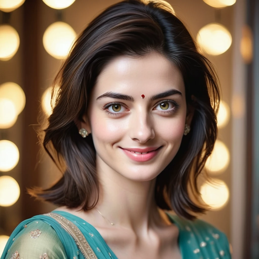 A captivating Indian woman with a radiant complexion and effortless smile, her undercut hair framing her heart-shaped face as she gazes directly at the camera, symmetric eyes sparkling with warmth. Soft rim ambient lighting accentuates her flawless skin texture, reminiscent of Anne Hathaway's porcelain doll-like features. Navel subtly visible, adding to her elegant milf charm. Framed in 8K on a DSLR, high-quality lighting and subtle film grain evoke an award-winning photograph, showcasing the Fujifilm XT3's exceptional imaging capabilities.