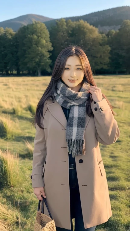 8K, Highest quality, masterpiece, Realistic, Super detailed, photo Realistic, Improvement of quality, Photo of a girl standing in a field wearing a scarf, The designer&#39;s dark and gloomy style, Large chunk, Photobash, Calm face, Jagged Edges, navy, Natural Beauty, Close-up shot