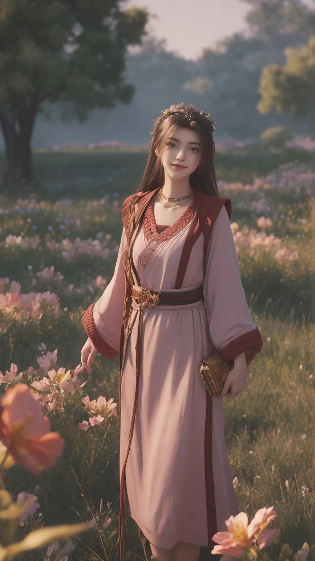 1girl, girl with long black hair, smiling, cheerful, girl is standing among a wide expanse of flowers,girl posing gracefully , surrounded by beautiful flowers, Calm and peaceful atmosphere, night, moonlight , Beautiful glowing butterflies surround the girl lighting up the darkness of the night, magic,Romantic, the night breeze blows the Sepoi Sepoi girl's hair,