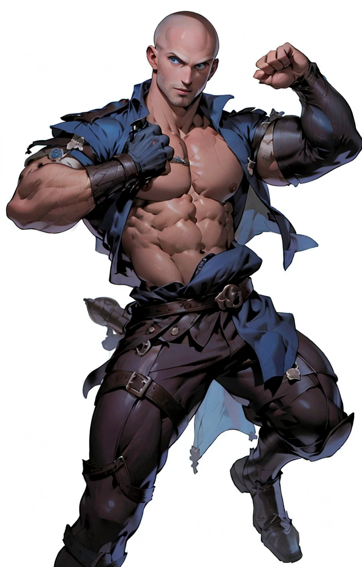 medieval pirate (​masterpiece,best quality,most absurd ), 1 Mann, muscular, detailled eyes, blue eyes,, runs to the camera, shirtless, bald Head, ((White background)), full body pose