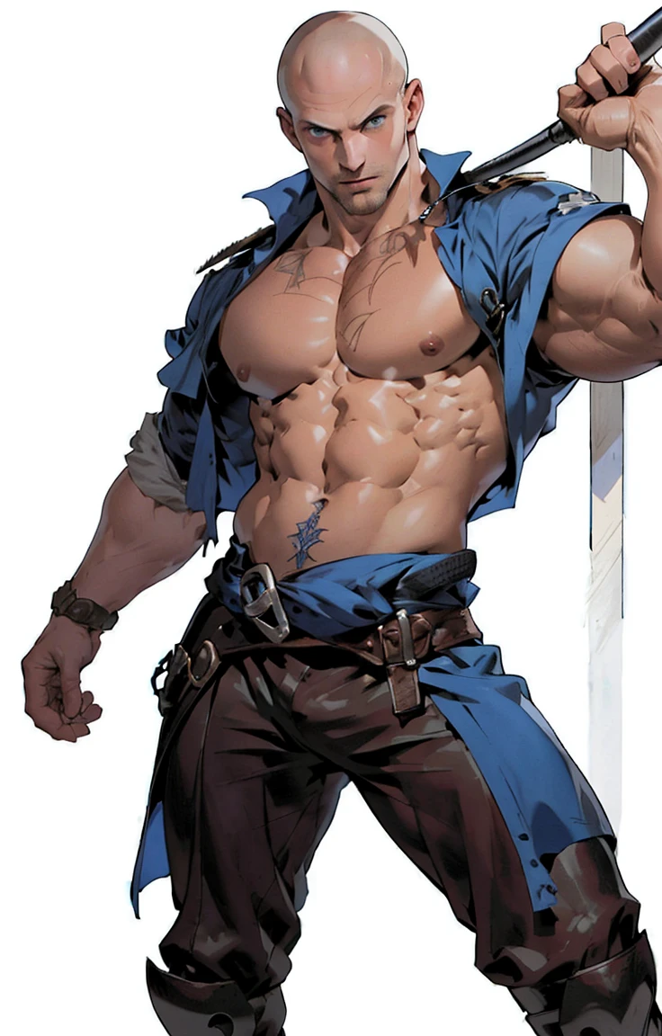 medieval pirate (​masterpiece,best quality,most absurd ), 1 Mann, muscular, detailled eyes, blue eyes,, runs to the camera, shirtless, bald Head, ((White background)), full body pose