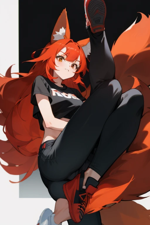 Fox girl with red hair and a fox tail in black sneakers with large soles in black jeans and a black top 