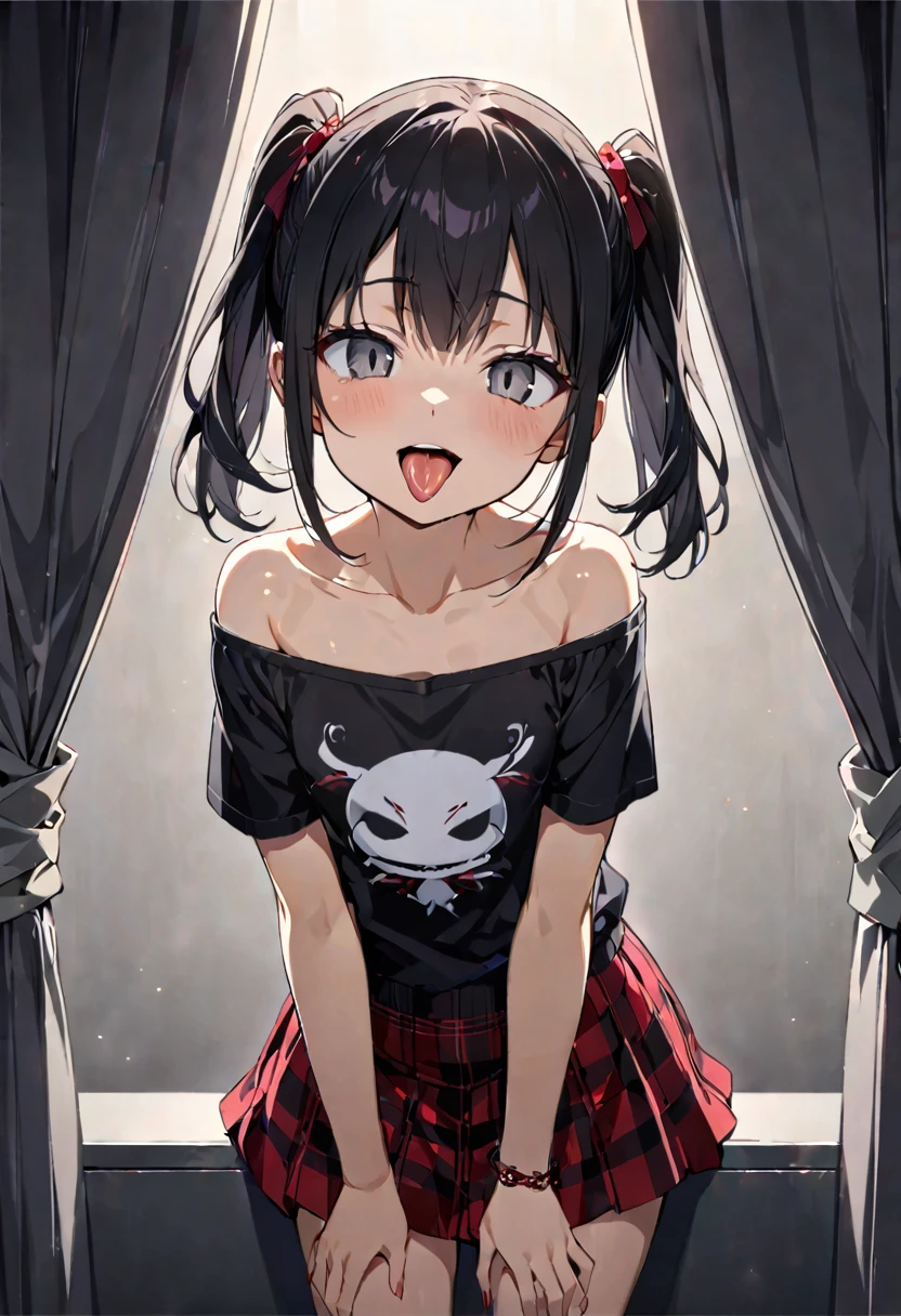 handjob,side view,eye-level shot,face focus,open mouth,tongue out,cum on tongue,lick,(1girl,Beautiful 14 year old girl),((Slender,Small breasts,Baby Face,Small face,)),looking at viewer,Black Hair,bangs,two side up,Gray Eyes,Drooping eyes,slit pupils,narrow eyes,collarbone,black t-shirt,off-shoulder look,Black and red checkered short skirt,Beautiful and detailed anime art,Mischievous smile,Dimly lit room,Simple Background,Gray background,Low lighting