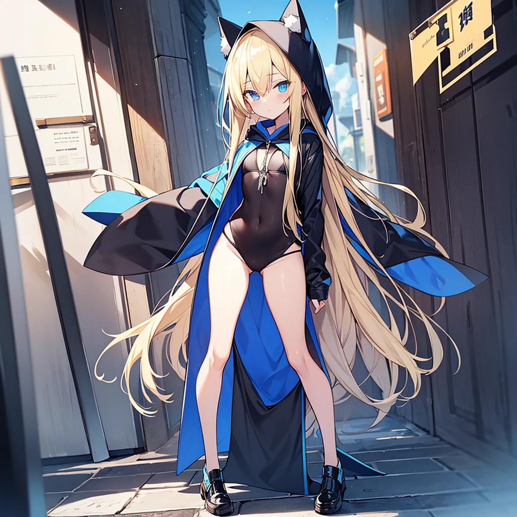 Full body detailed drawing。Blonde beauty。Blue habit。Wearing a hood。Blue Eyes。Have a Bible。Wearing black bikini pants。