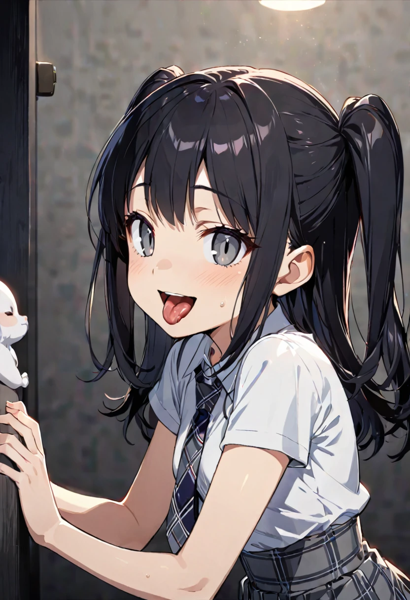 (handjob),side view,eye-level shot,face focus,open mouth,tongue out,cum on tongue,lick,(1girl,Beautiful 16 year old girl),((Slender,Small breasts,Baby Face,Small face,)),looking at viewer,Black Hair,bangs,two side up,Gray Eyes,Drooping eyes,slit pupils,narrow eyes,,shirt,Checked tie,Checked Skirt,Beautiful and detailed anime art,Mischievous smile,Dimly lit room,Simple Background,Gray background,Low lighting