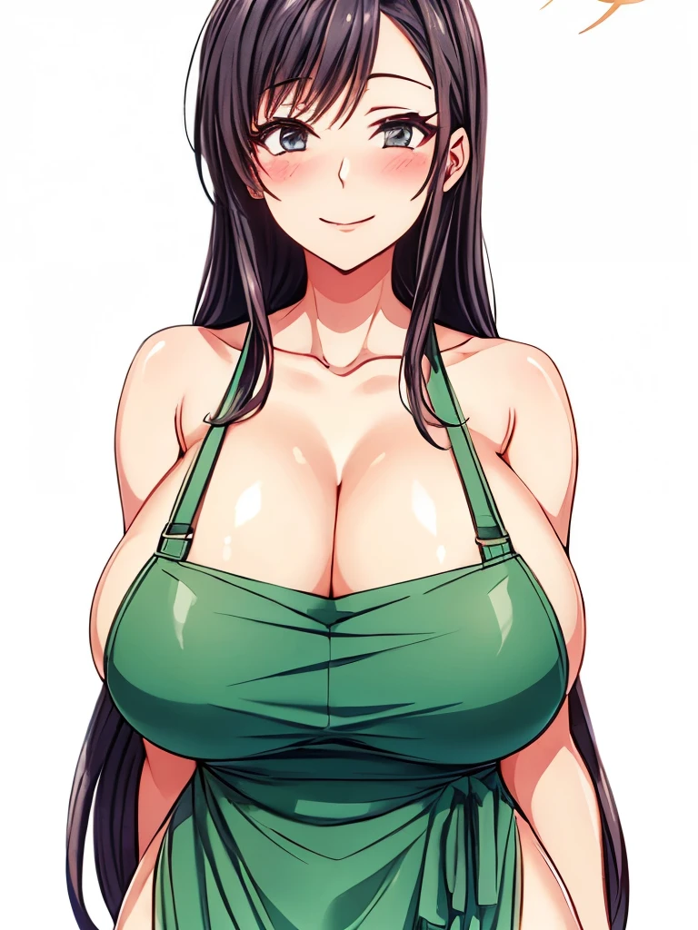 1 milf, long black hair, very big breasts, blushing, smiling, green apron