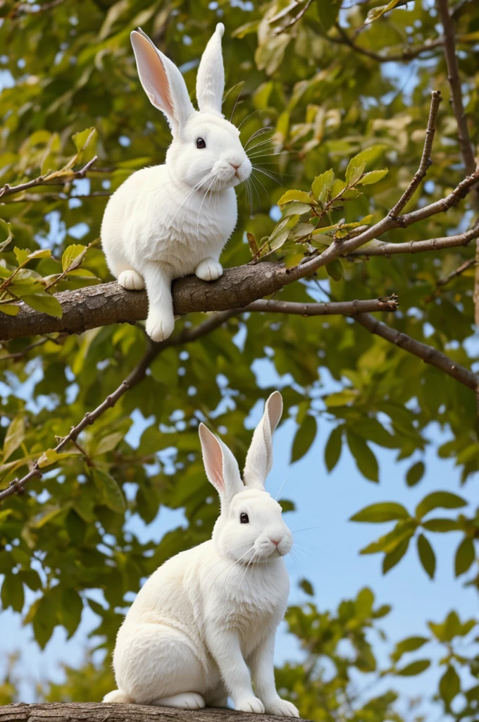Lapin blanc et roux sur un arbre