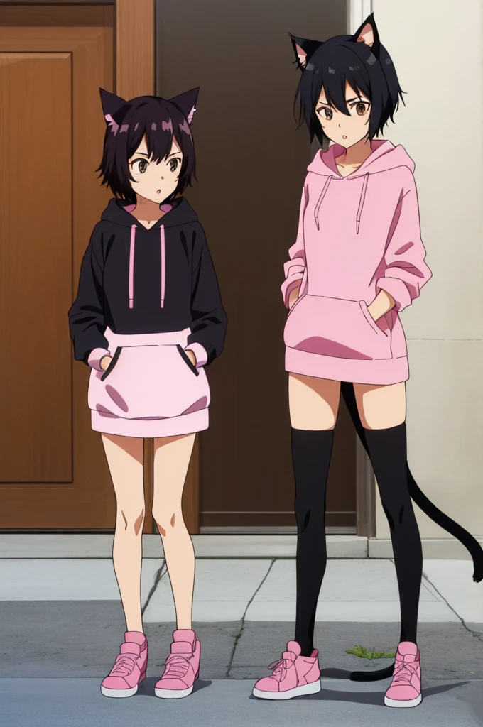 1girl, fullbody, androgynous, cat ears, cat tail, black hair, short hair, pink hoodie, black thigh highs, pink sneakers, fingerless gloves, cap, brown eyes, one person
