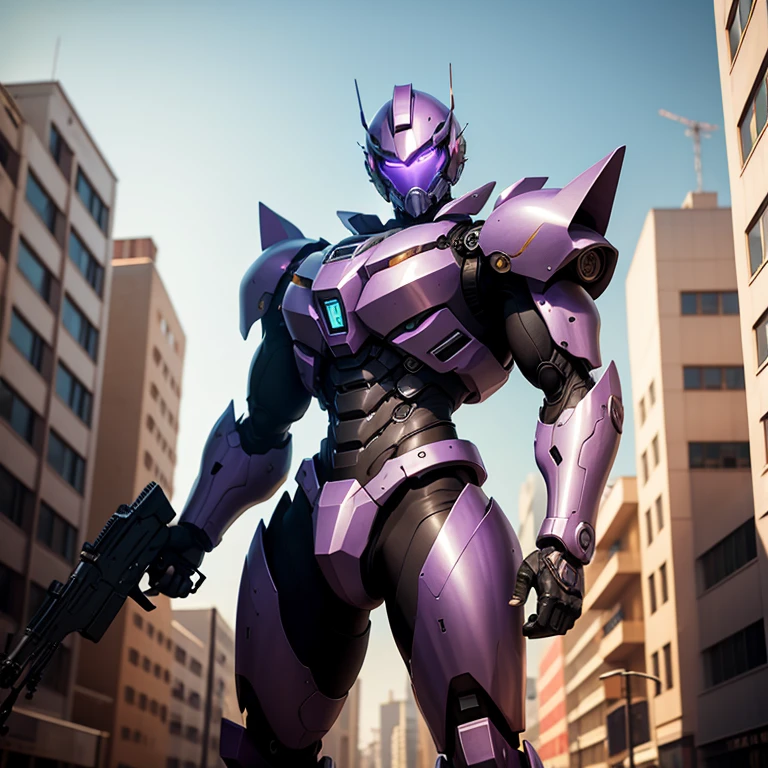 Masterpiece, best quality, high quality, 4K, Purple and grey clolored Mecha, has Purple colored eyes, eyes are lights, holding a gun in his hand, standing in the city, sunny day