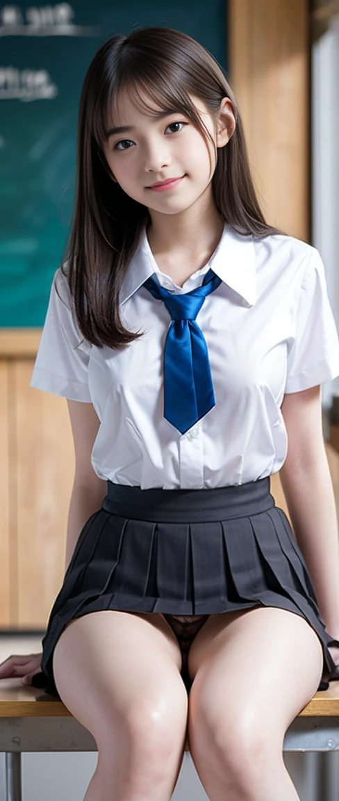 ((Brown Hair)), ((Gal)), ((Breast enlargement)), (masterpiece, Highest quality:1.2), 8K, Young and beautiful girl, 85mm,Official AR RAW Photos, (Baby Face), ((Small face)), (((Super big breasts))), Detailed nipples, Show me your ears、photo shoot, Cute face, Thighs, Classroom after school, Looking at the audience, (M-shaped legs), Embarrassing、smile、Natural Makeup, Film Grain, chromatic aberration, Sharp focus, Face Light, Bright lighting, 10 generations, Detailed face, Background blur、((((((14 year old high school girl))))))、Narrow waist, ((Schoolgirl uniform, Pleated mini skirt)), (White tiny panties), sit with your legs open, Sexy pose