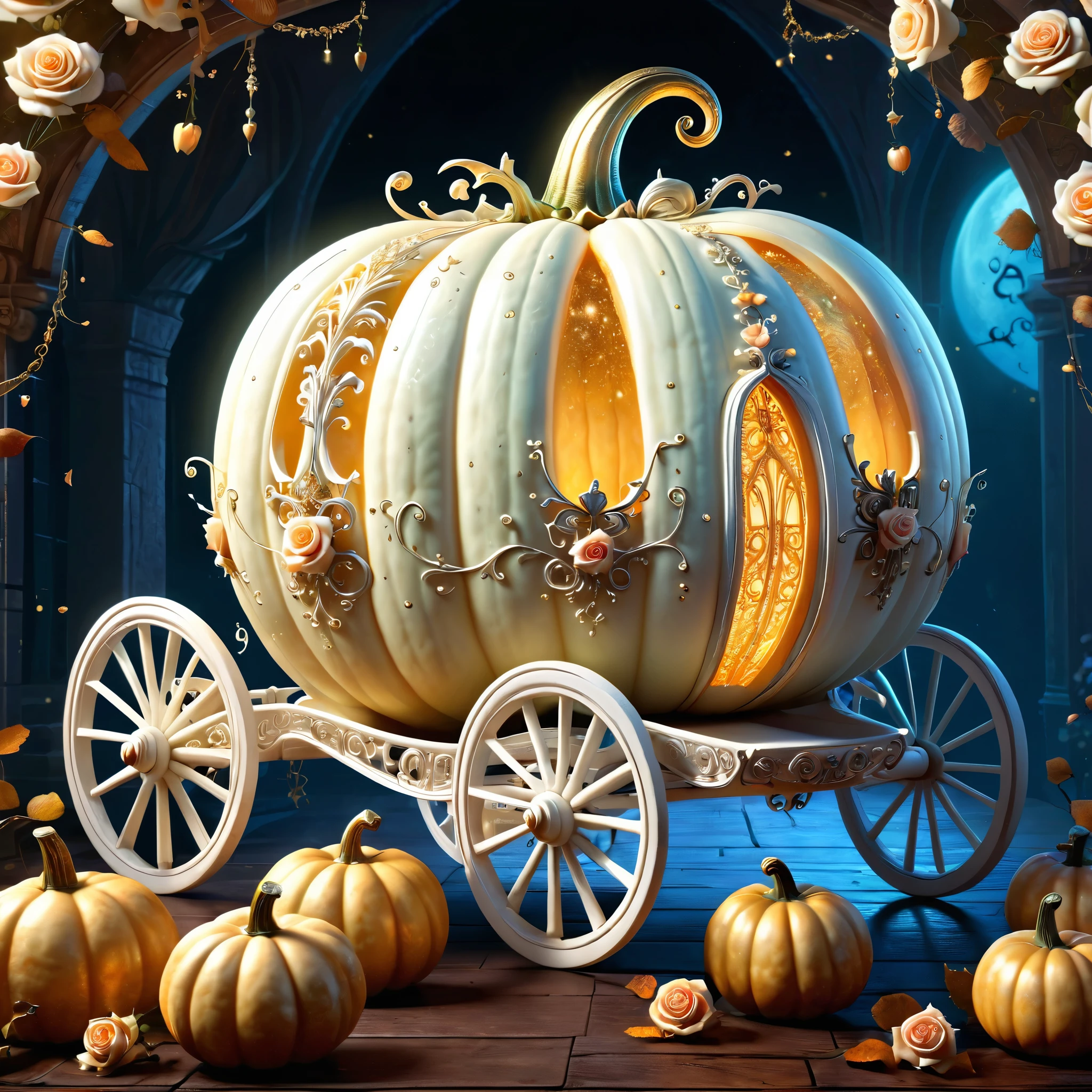 masterpiece, ultra detailed art of a gorgeous white pumpkin carriage, goth Renaissance, roses, sharp focus, extremely detailed illustration, approaching perfection, intricate details, ultra-high definition, 32k resolution, glimmer, ethereal, aesthetic, smooth, dreamy, backlit, fantastical, shadows, smooth, illustration, volumetric lighting, glitter