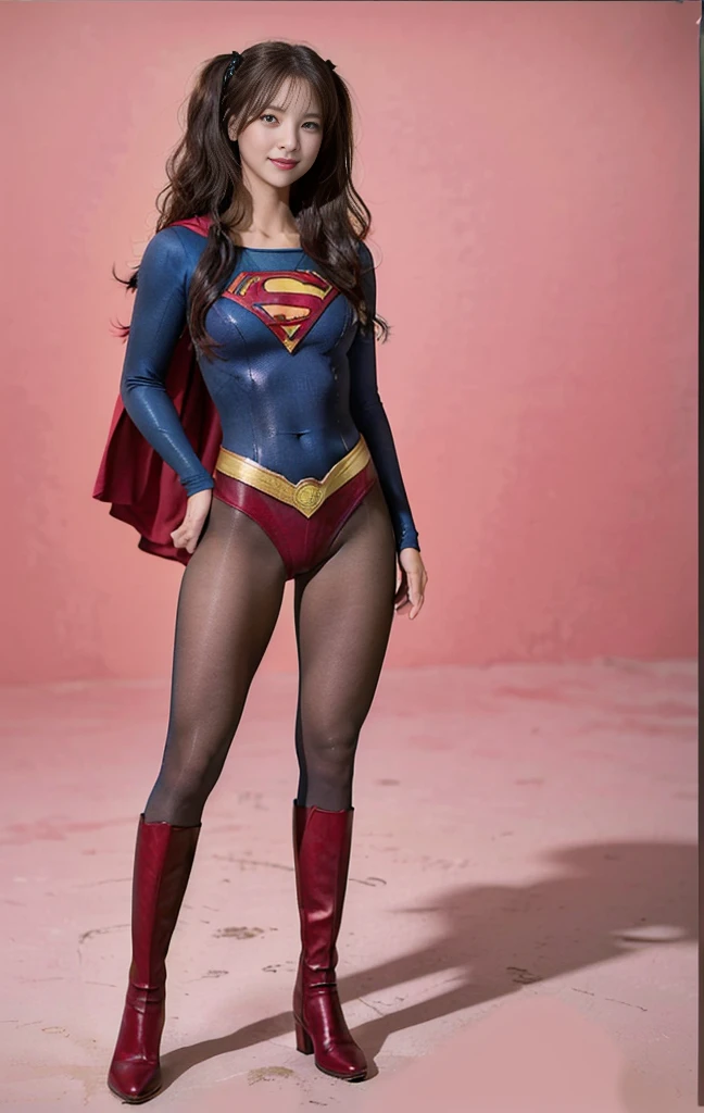 No background、(((Beautiful legs in black tights.)))、(((Legally express the beauty of your smile)))、((((Make the most of your original images)))、(((Supergirl Costume)))、(((Beautiful hair with twin tails)))、(((suffering)))、(((Please wear black tights....、Wear red boots)))、((Best image quality、8K))、((Highest quality、8K、masterpiece:1.3))、(((Preserve background )))、Sharp focus:1.2、Beautiful woman with perfect figure:1.4、Slim Abs:1.2、Wet body:1.5、Highly detailed face and skin texture、8K