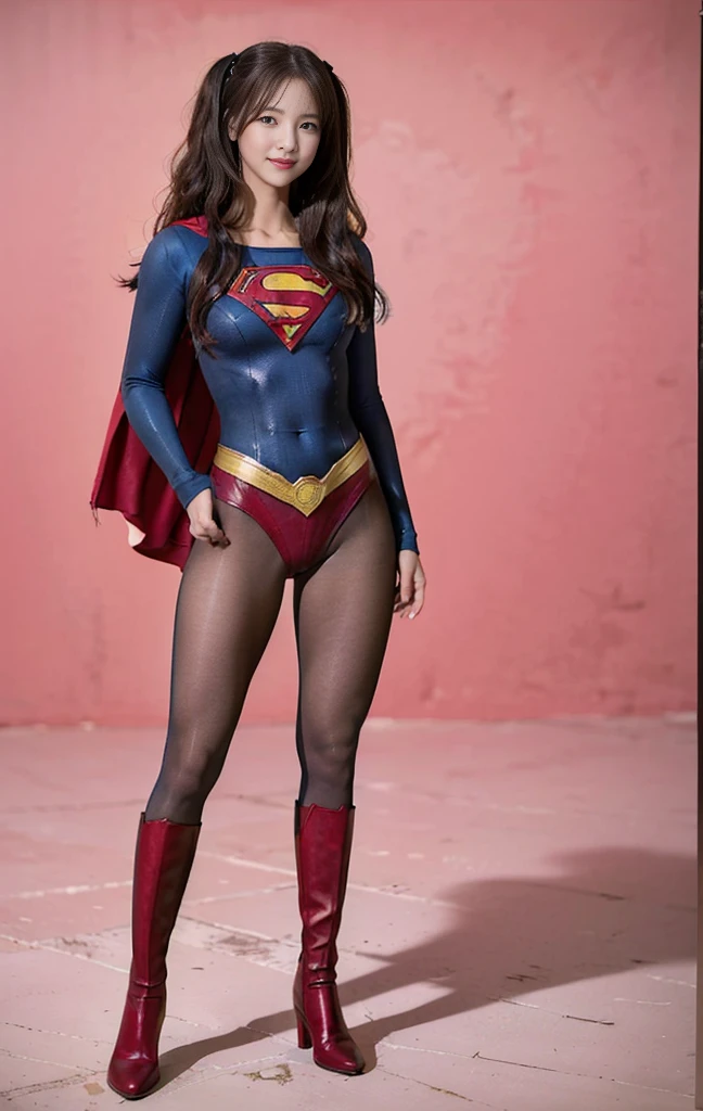 No background、(((Beautiful legs in black tights.)))、(((Legally express the beauty of your smile)))、((((Make the most of your original images)))、(((Supergirl Costume)))、(((Beautiful hair with twin tails)))、(((suffering)))、(((Please wear black tights....、Wear red boots)))、((Best image quality、8K))、((Highest quality、8K、masterpiece:1.3))、(((Preserve background )))、Sharp focus:1.2、Beautiful woman with perfect figure:1.4、Slim Abs:1.2、Wet body:1.5、Highly detailed face and skin texture、8K