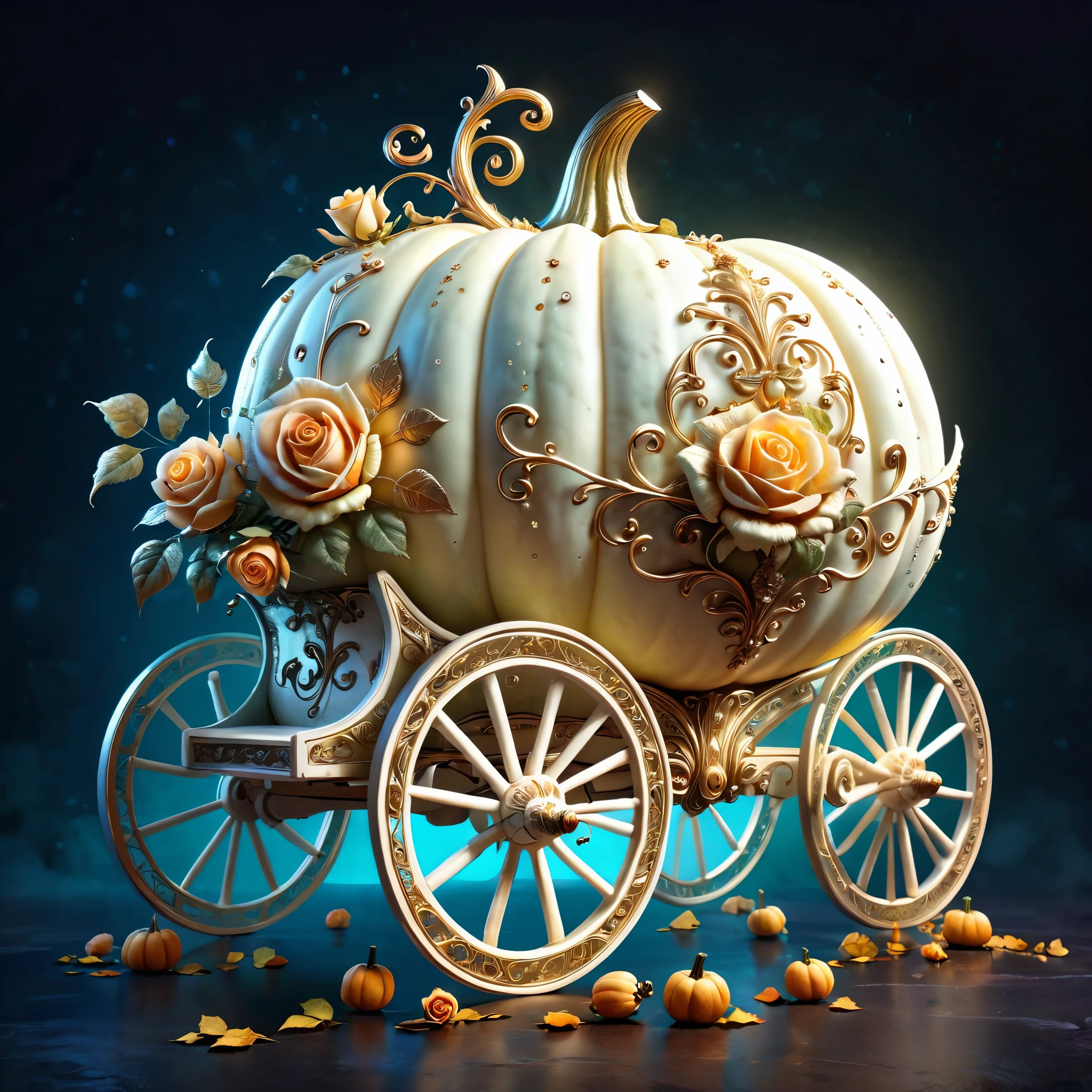 masterpiece, ultra detailed art of a gorgeous white pumpkin carriage, goth Renaissance, roses, sharp focus, extremely detailed illustration, approaching perfection, intricate details, ultra-high definition, 32k resolution, glimmer, ethereal, aesthetic, smooth, dreamy, backlit, fantastical, shadows, smooth, illustration, volumetric lighting, glitter