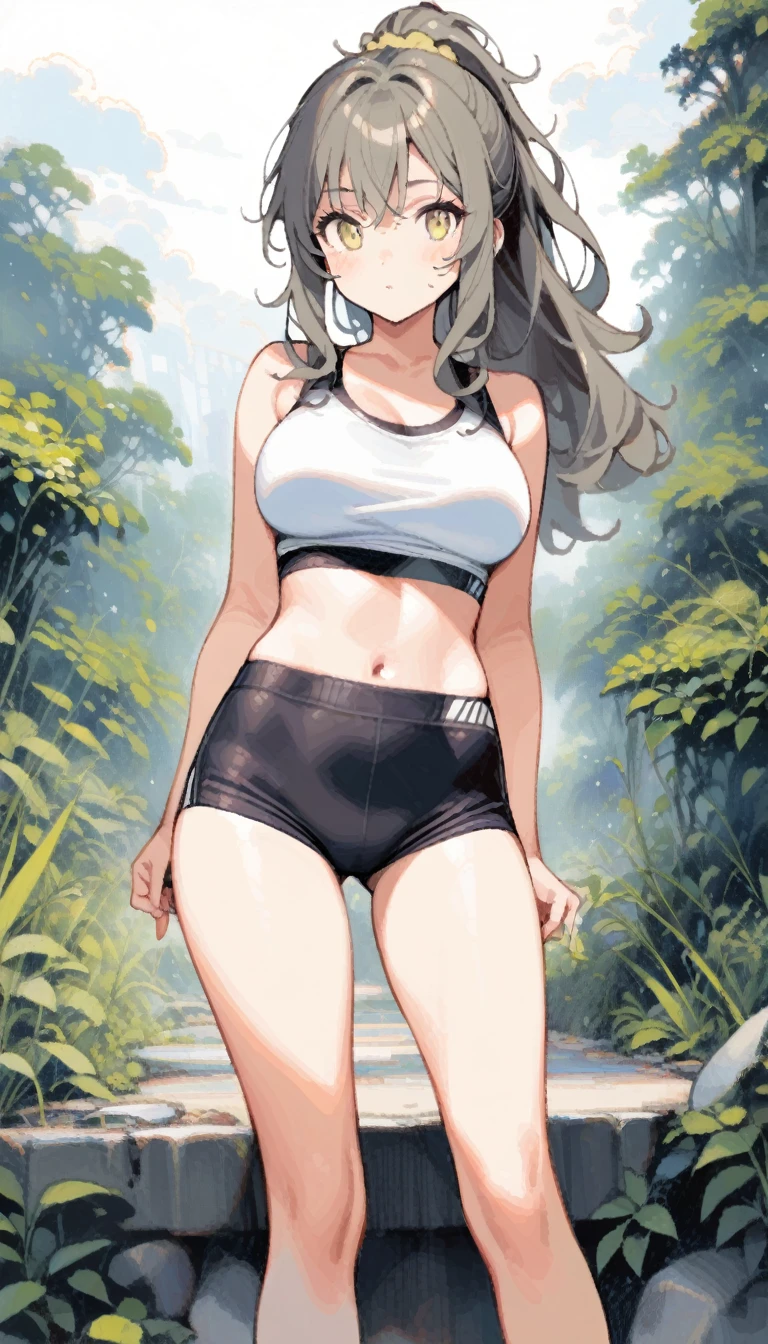 1girl, futaba rio, seishun buta yarou, (large breasts), skinny, ponytail, hair_scrunchie, (messy hair:1.2), tegaki, sports bra, outdoors,
bend your legs, (standing, legs_apart:1.2),
masterpiece, best quality, very aesthetic, absurdres, highly detailed