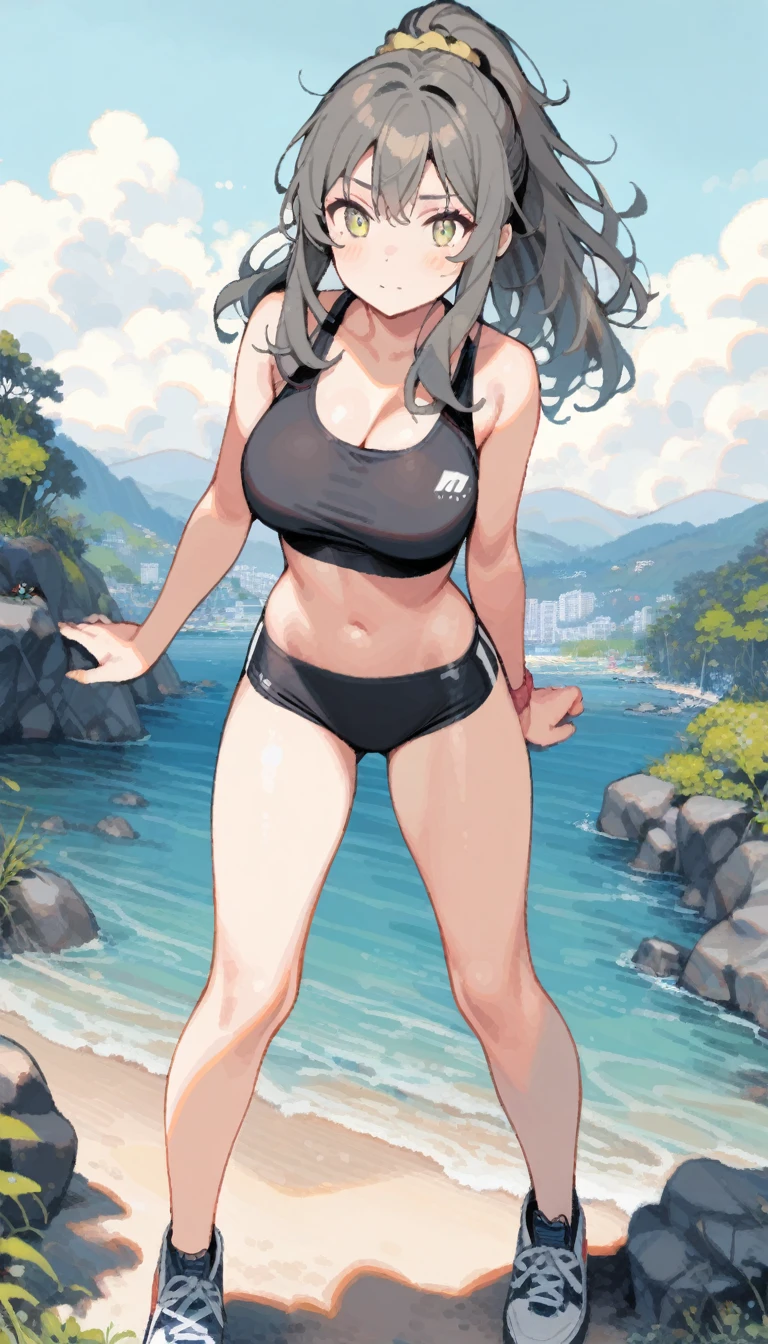 1girl, futaba rio, seishun buta yarou, (large breasts), skinny, ponytail, hair_scrunchie, (messy hair:1.2), tegaki, sports bra, outdoors,
bend your legs, (standing, legs_apart:1.2),
masterpiece, best quality, very aesthetic, absurdres, highly detailed