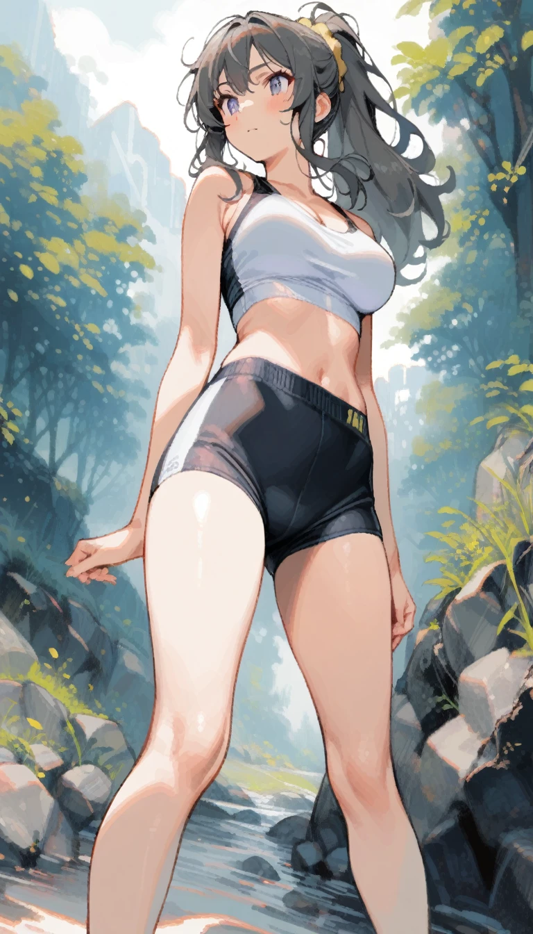 1girl, futaba rio, seishun buta yarou, (large breasts), skinny, ponytail, hair_scrunchie, (messy hair:1.2), tegaki, sports bra, outdoors,
bend your legs, (standing, legs_apart:1.2),
masterpiece, best quality, very aesthetic, absurdres, highly detailed