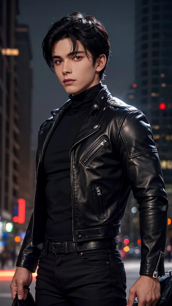 1boy, detailed face, detailed eyes, dark-skinned male, black hair, short hair, red eyes, black jacket, leather jacket, black turtleneck, black jeans, muscular male, outdoors, city, night
