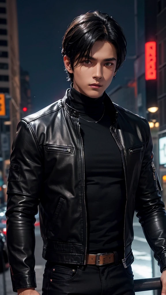 1boy, detailed face, detailed eyes, dark-skinned male, black hair, short hair, red eyes, black jacket, leather jacket, black turtleneck, black jeans, muscular male, outdoors, city, night