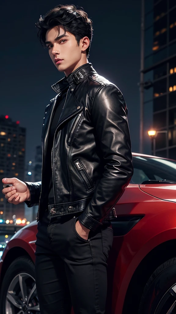 1boy, detailed face, detailed eyes, dark-skinned male, black hair, short hair, red eyes, black jacket, leather jacket, black turtleneck, black jeans, muscular male, outdoors, city, night
